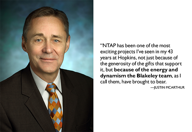 “NTAP has been one of the most exciting projects I’ve seen in my 43 years at Hopkins, not just because of the generosity of the gifts that support it, but because of the energy and dynamism the Blakeley team, as I call them, have brought to bear.” —Justin McArthur